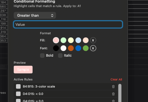 The same dialog in dark mode, with the same rule and the same two active rules.