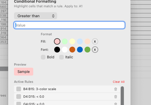 The Conditional Formatting dialog in light mode: a Greater than rule, fill and font colour swatches, a Sample preview, and two active rules on B4:B15 and D4:D15.