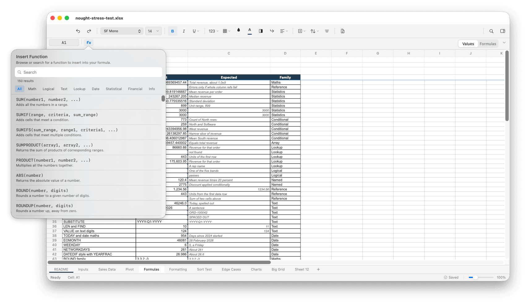 The Insert Function browser open over a sheet in Nought, listing formulas by category with a one-line description of each