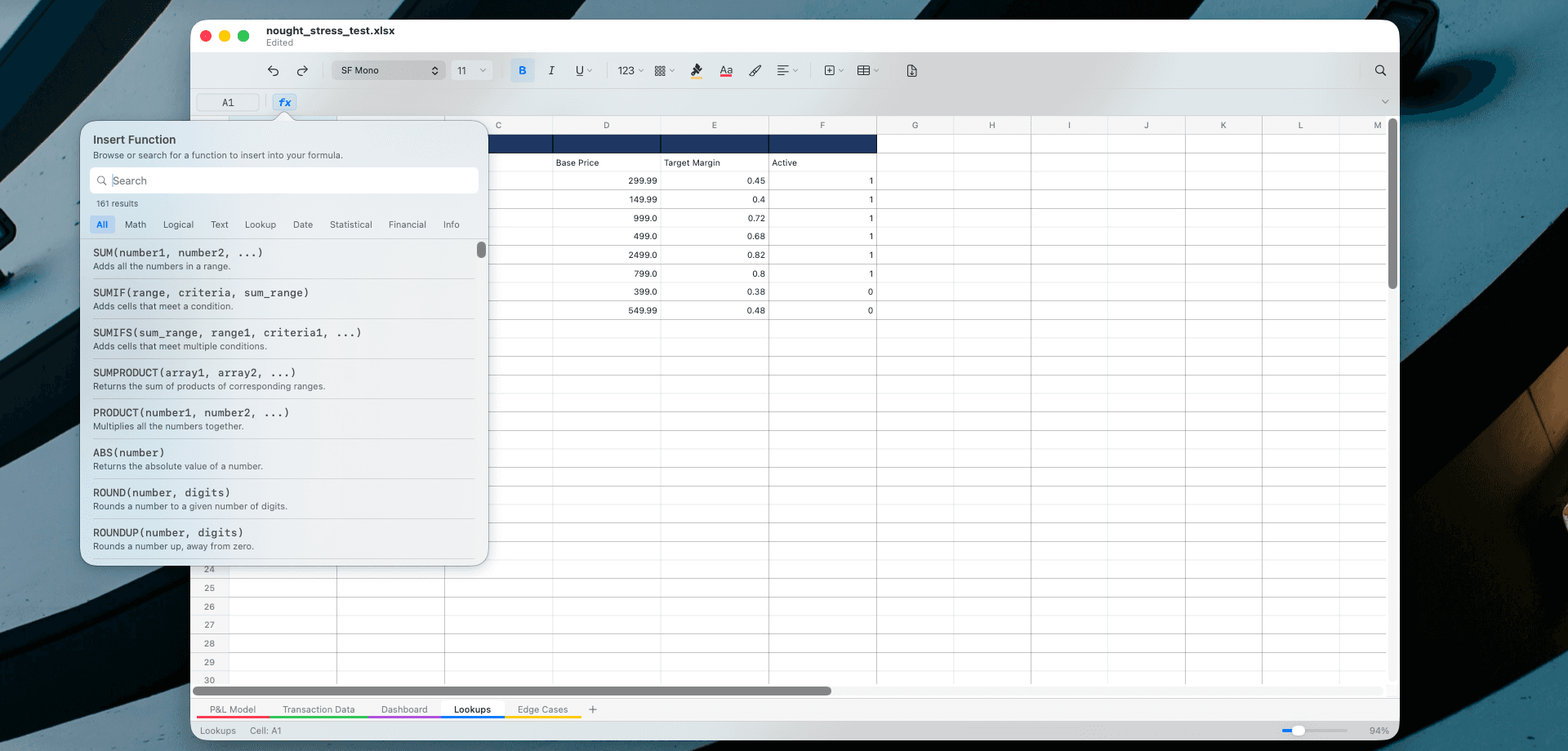 Nought spreadsheet in light mode